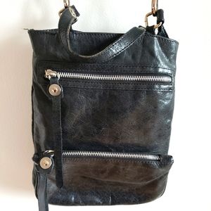 Gianni Chiarini Leather Black Crossbody Purse Silver Hardware Lots Zippers